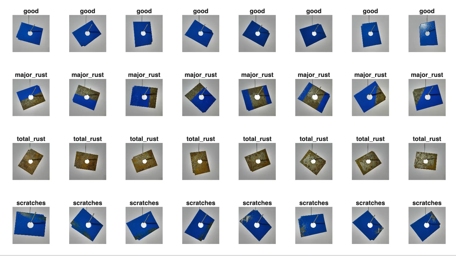 32 color photos of metal plates after lighting correction, eight each of good, major rust, total rust, and scratches