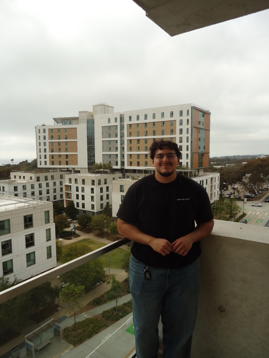 Diego on a balcony overlooking the UC San Diego campus